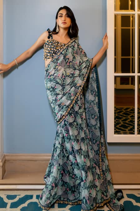 Shop_Paulmi And Harsh_Green Crepe, Cotton, Silk Sequins, Floral Print Pre-draped Saree With Bloy _Online_at_Aza_Fashions