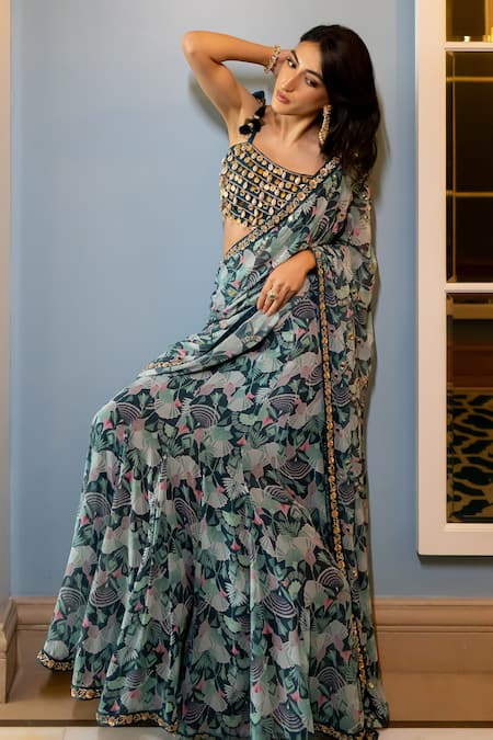 Paulmi And Harsh_Green Crepe, Cotton, Silk Sequins, Floral Print Pre-draped Saree With Bloy _at_Aza_Fashions