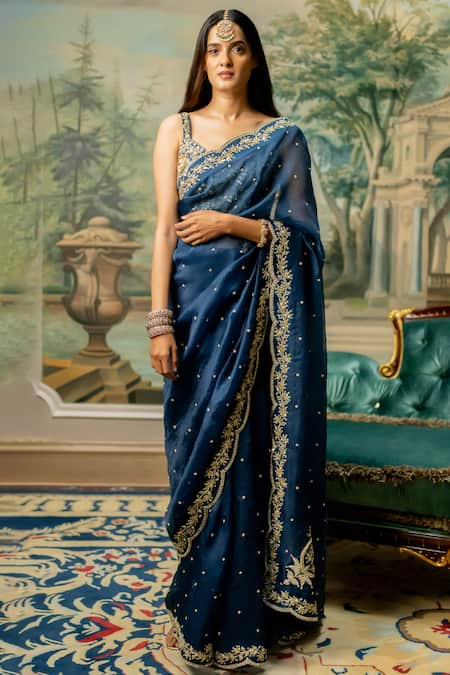 Paulmi and Harsh Blue Saree Organza Embroidered Mirror V Neck Set  