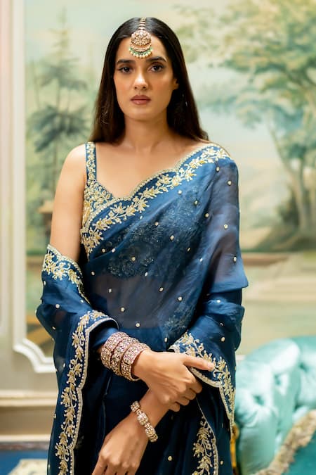 Paulmi And Harsh_Blue Organza, Chanderi, Chiffon Sequins, Mirrors V-neck Embroidered Saree Set _Online_at_Aza_Fashions