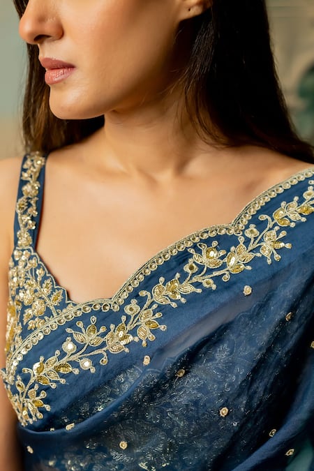 Buy_Paulmi And Harsh_Blue Organza, Chanderi, Chiffon Sequins, Mirrors V-neck Embroidered Saree Set _Online_at_Aza_Fashions