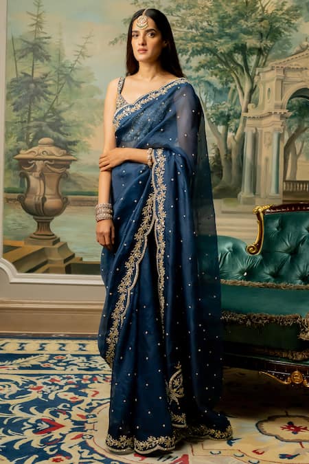 Shop_Paulmi And Harsh_Blue Organza, Chanderi, Chiffon Sequins, Mirrors V-neck Embroidered Saree Set _Online_at_Aza_Fashions