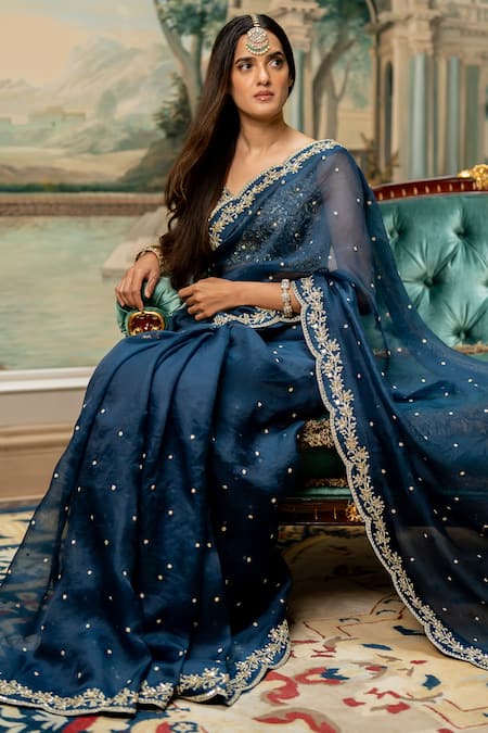 Paulmi And Harsh_Blue Organza, Chanderi, Chiffon Sequins, Mirrors V-neck Embroidered Saree Set _at_Aza_Fashions