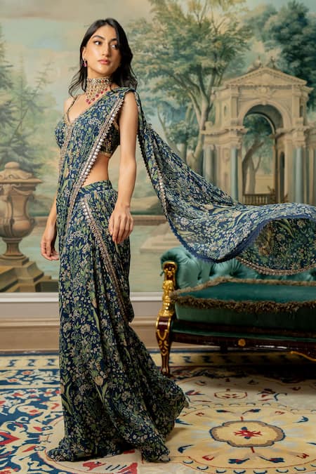 Buy ANECDOTES Blue Lace Work Saree with Stitched Blouse online