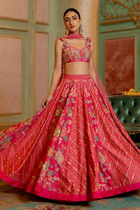 Paulmi And Harsh_Pink Chanderi Silk, Net Mirrors, Cut Blooming Floral Print Bridal Lehenga Set _Online_at_Aza_Fashions