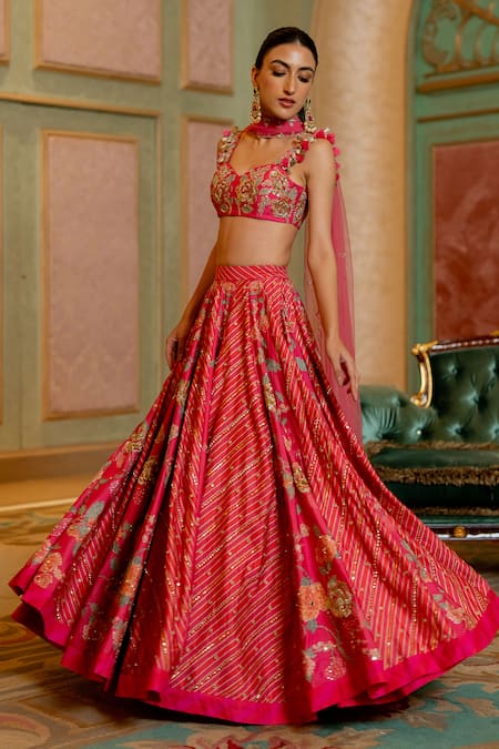 Buy_Paulmi And Harsh_Pink Chanderi Silk, Net Mirrors, Cut Blooming Floral Print Bridal Lehenga Set _Online_at_Aza_Fashions