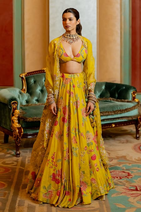 Paulmi And Harsh_Yellow Chiffon, Tissue, Chanderi Silk Sequins, Floral Print Bridal Lehenga Set _Online_at_Aza_Fashions