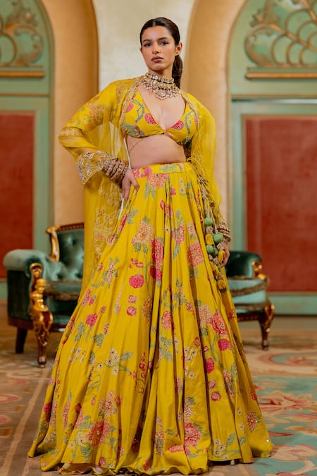 Buy_Paulmi And Harsh_Yellow Chiffon, Tissue, Chanderi Silk Sequins, Floral Print Bridal Lehenga Set _Online_at_Aza_Fashions