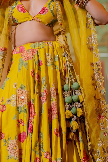 Shop_Paulmi And Harsh_Yellow Chiffon, Tissue, Chanderi Silk Sequins, Floral Print Bridal Lehenga Set _Online_at_Aza_Fashions