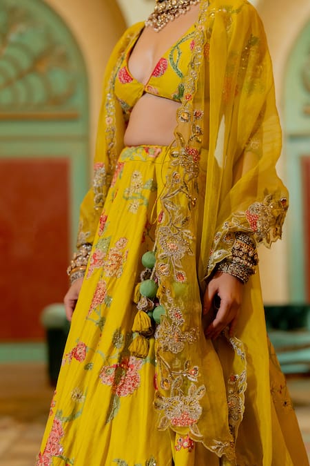 Paulmi And Harsh_Yellow Chiffon, Tissue, Chanderi Silk Sequins, Floral Print Bridal Lehenga Set _at_Aza_Fashions