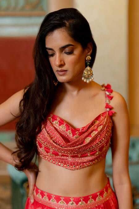 Paulmi And Harsh_Red , Silk, Crepe, Satin Embroidery, Botanical Print Lehenga Set _Online_at_Aza_Fashions