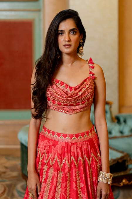 Buy_Paulmi And Harsh_Red , Silk, Crepe, Satin Embroidery, Botanical Print Lehenga Set _Online_at_Aza_Fashions