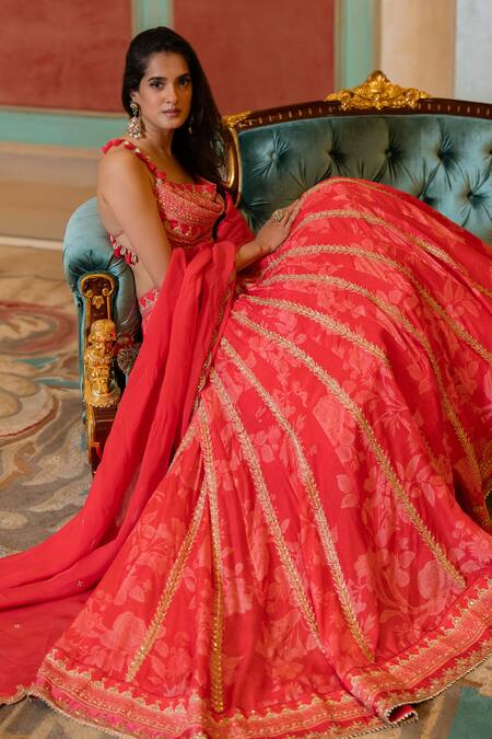 Paulmi And Harsh_Red , Silk, Crepe, Satin Embroidery, Botanical Print Lehenga Set _at_Aza_Fashions