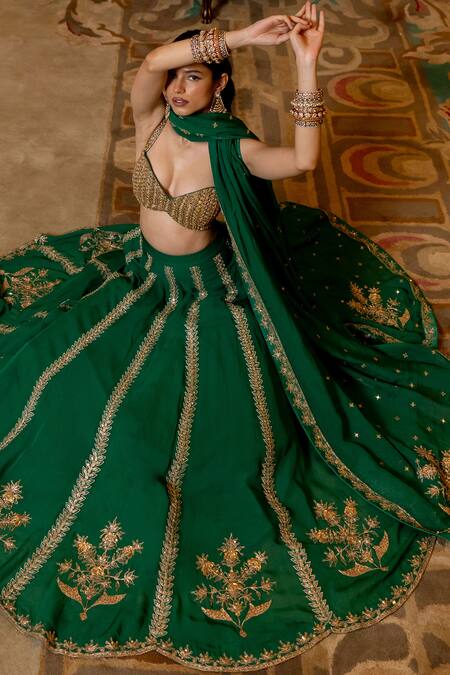 Paulmi And Harsh_Emerald Green Organza Sequins, Embroidery, Mirrors Sweetheart Leaf Lehenga Set _Online_at_Aza_Fashions