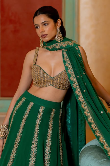 Shop_Paulmi And Harsh_Emerald Green Organza Sequins, Embroidery, Mirrors Sweetheart Leaf Lehenga Set _Online_at_Aza_Fashions
