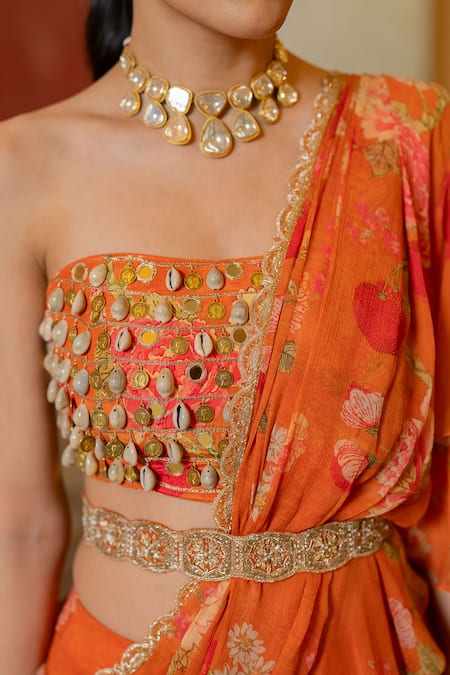 Buy_Paulmi And Harsh_Orange Chiffon, Satin, Printed Pre-stitched Saree With Blouse _Online_at_Aza_Fashions