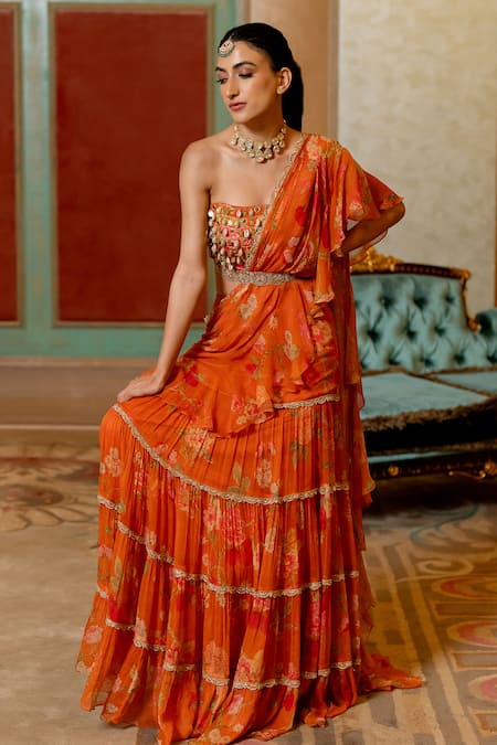 Shop_Paulmi And Harsh_Orange Chiffon, Satin, Printed Pre-stitched Saree With Blouse _Online_at_Aza_Fashions