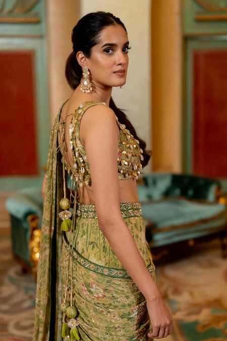 Paulmi And Harsh_Green Georgette, , Satin Floral Print Pre-draped Saree With Blouse _Online_at_Aza_Fashions