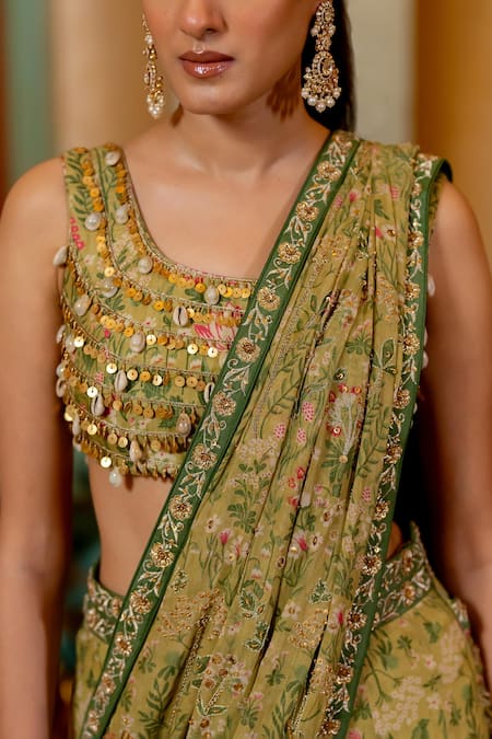 Buy_Paulmi And Harsh_Green Georgette, , Satin Floral Print Pre-draped Saree With Blouse _Online_at_Aza_Fashions