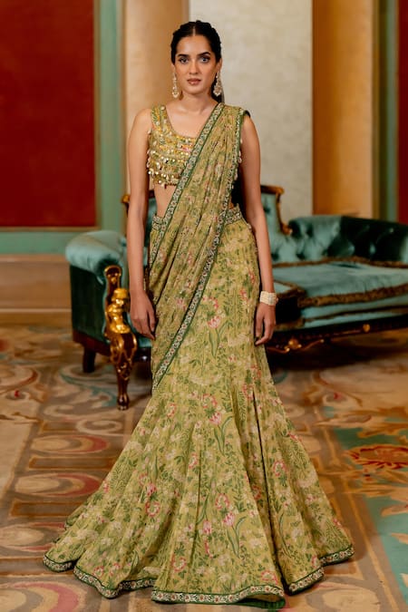 Shop_Paulmi And Harsh_Green Georgette, , Satin Floral Print Pre-draped Saree With Blouse _Online_at_Aza_Fashions