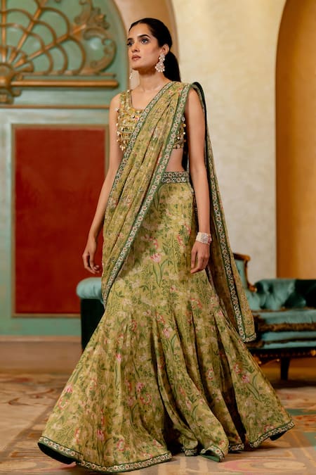Paulmi And Harsh_Green Georgette, , Satin Floral Print Pre-draped Saree With Blouse _at_Aza_Fashions