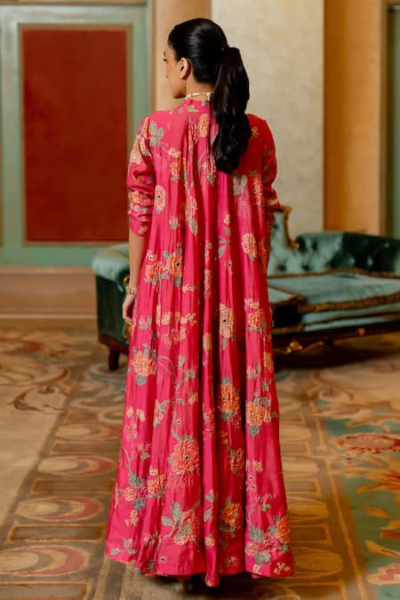 Paulmi And Harsh Blooming Print Jacket Draped Skirt Set 