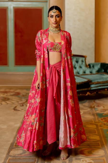 Paulmi And Harsh_Pink Jacquard Mirrors, Sequins, Blooming Print Jacket Draped Skirt Set _Online_at_Aza_Fashions