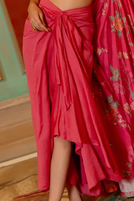 Shop_Paulmi And Harsh_Pink Jacquard Mirrors, Sequins, Blooming Print Jacket Draped Skirt Set _Online_at_Aza_Fashions