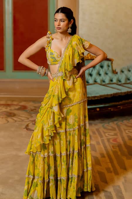 Paulmi And Harsh Flower Print Pre-Stitched Saree With Blouse 