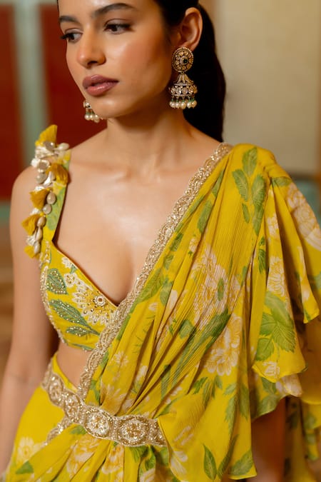 Paulmi And Harsh_Yellow Chiffon, Cotton Satin, Flower Print Pre-stitched Saree With Blouse _Online_at_Aza_Fashions