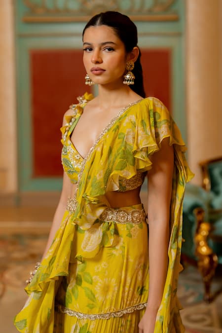 Shop_Paulmi And Harsh_Yellow Chiffon, Cotton Satin, Flower Print Pre-stitched Saree With Blouse _Online_at_Aza_Fashions
