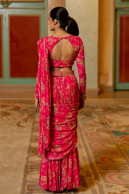 Shop_Paulmi And Harsh_Pink Georgette Sequins, Beads, Cut Florette Print Pre-stitched Saree With Blouse _at_Aza_Fashions