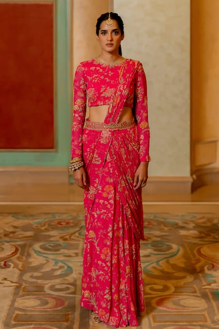 Paulmi And Harsh_Pink Georgette Sequins, Beads, Cut Florette Print Pre-stitched Saree With Blouse _Online_at_Aza_Fashions