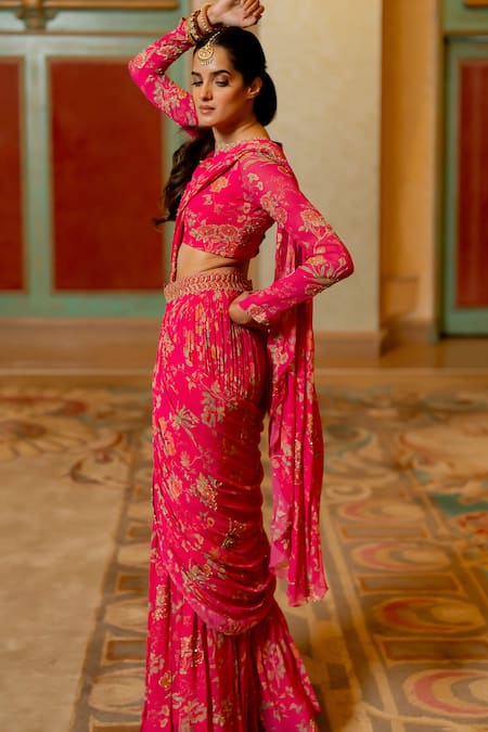 Buy_Paulmi And Harsh_Pink Georgette Sequins, Beads, Cut Florette Print Pre-stitched Saree With Blouse _Online_at_Aza_Fashions