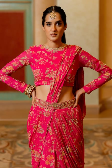 Shop_Paulmi And Harsh_Pink Georgette Sequins, Beads, Cut Florette Print Pre-stitched Saree With Blouse _Online_at_Aza_Fashions