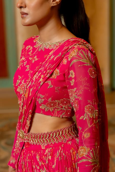 Paulmi And Harsh_Pink Georgette Sequins, Beads, Cut Florette Print Pre-stitched Saree With Blouse _at_Aza_Fashions