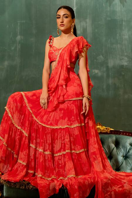 Paulmi And Harsh_Red Chiffon, , Silk, Bloom Print Pre-stitched Saree With Blouse _Online_at_Aza_Fashions