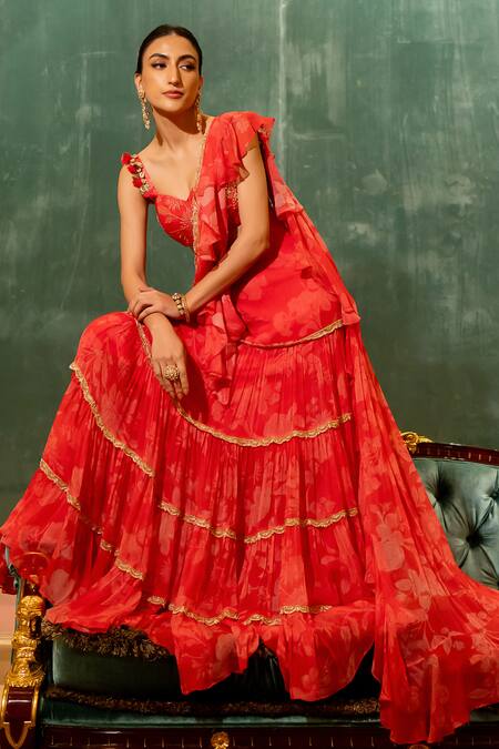 Buy_Paulmi And Harsh_Red Chiffon, , Silk, Bloom Print Pre-stitched Saree With Blouse _Online_at_Aza_Fashions