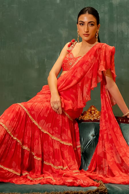 Shop_Paulmi And Harsh_Red Chiffon, , Silk, Bloom Print Pre-stitched Saree With Blouse _Online_at_Aza_Fashions