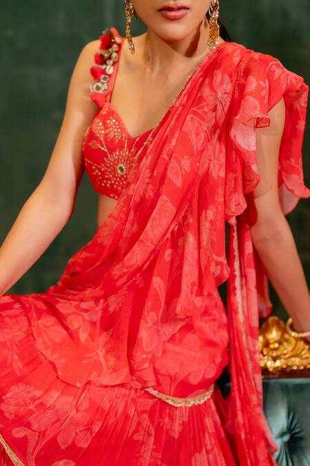 Paulmi And Harsh_Red Chiffon, , Silk, Bloom Print Pre-stitched Saree With Blouse _at_Aza_Fashions