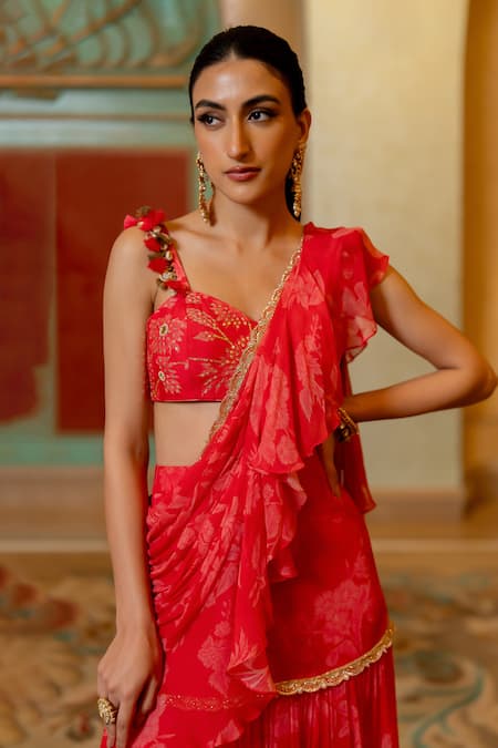 Buy_Paulmi And Harsh_Red Chiffon, , Silk, Bloom Print Pre-stitched Saree With Blouse 