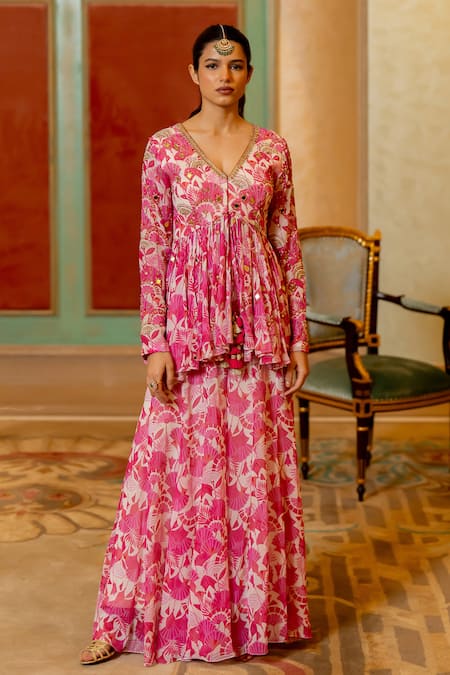 Paulmi And Harsh_Pink Georgette Embroidery, Mirrors, Sequins Printed Peplum Kurta And Palazzo Set _Online_at_Aza_Fashions