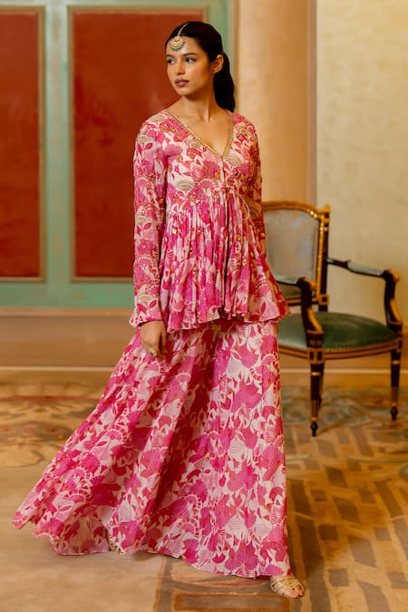 Buy_Paulmi And Harsh_Pink Georgette Embroidery, Mirrors, Sequins Printed Peplum Kurta And Palazzo Set _Online_at_Aza_Fashions