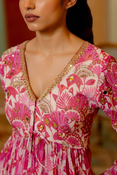 Shop_Paulmi And Harsh_Pink Georgette Embroidery, Mirrors, Sequins Printed Peplum Kurta And Palazzo Set _Online_at_Aza_Fashions