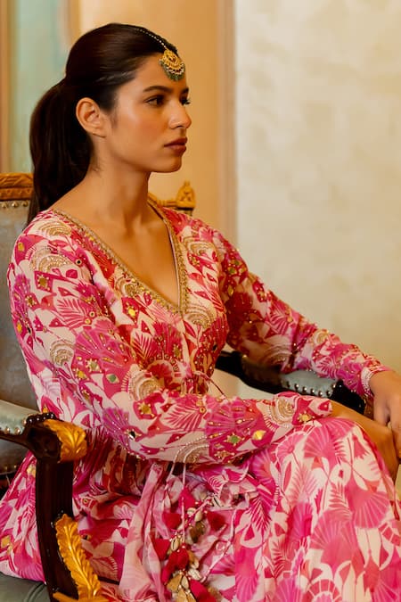Buy_Paulmi And Harsh_Pink Georgette Embroidery, Mirrors, Sequins Printed Peplum Kurta And Palazzo Set 