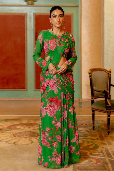 Paulmi and Harsh Green Georgette Printed Garden Round Pre-stitched Saree With Blouse 