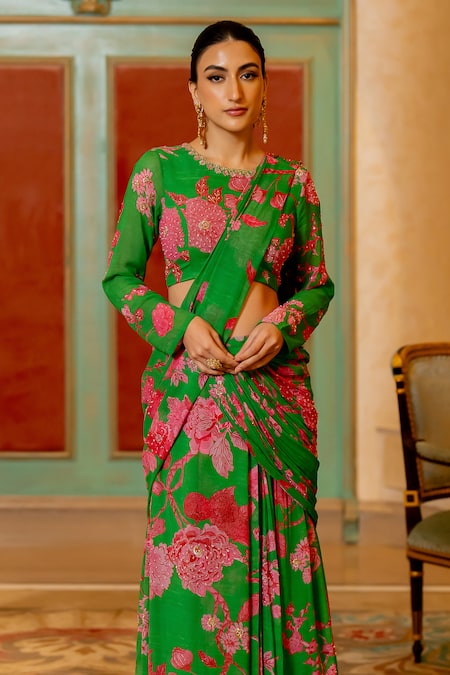 Paulmi And Harsh_Green Georgette Sequins, Embroidery Garden Print Pre-stitched Saree With Blouse _Online_at_Aza_Fashions