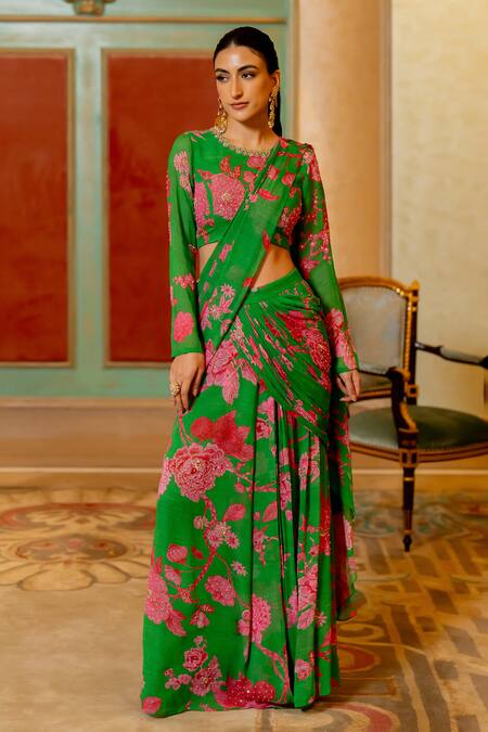 Buy_Paulmi And Harsh_Green Georgette Sequins, Embroidery Garden Print Pre-stitched Saree With Blouse _Online_at_Aza_Fashions