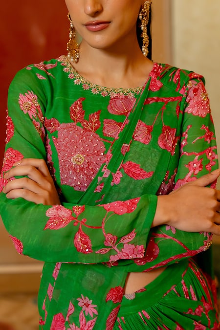 Paulmi And Harsh_Green Georgette Sequins, Embroidery Garden Print Pre-stitched Saree With Blouse _at_Aza_Fashions