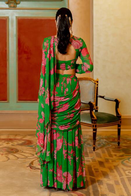 Buy_Paulmi And Harsh_Green Georgette Sequins, Embroidery Garden Print Pre-stitched Saree With Blouse 